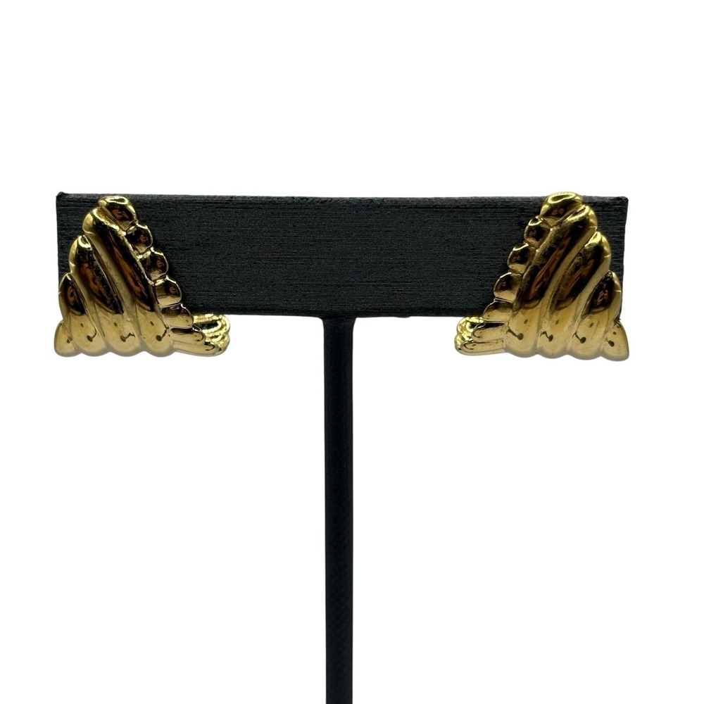 Monet Earrings Bold Curved Ribbed‎ Half Hoop Gold Tone Pierced Earrings Vintage